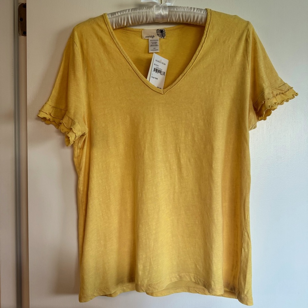 NWT Everleigh Mineral Wash Ruffle Sleeve V-Neck L 100% cotton Corn Light Yellow